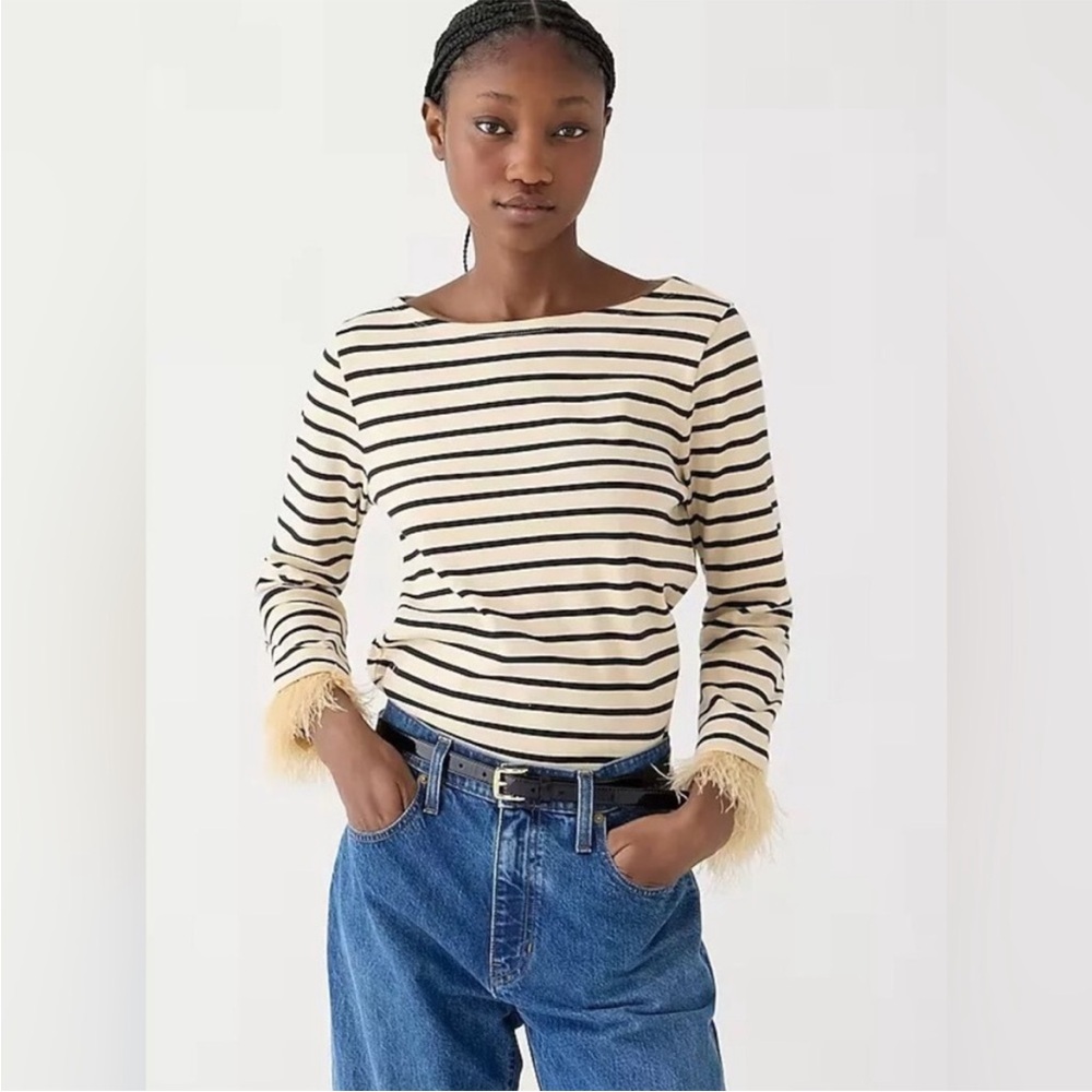 J. Crew Beige and Black Striped Top with Feather Cuffs Sz. Med EUC - Picture 2 of 5